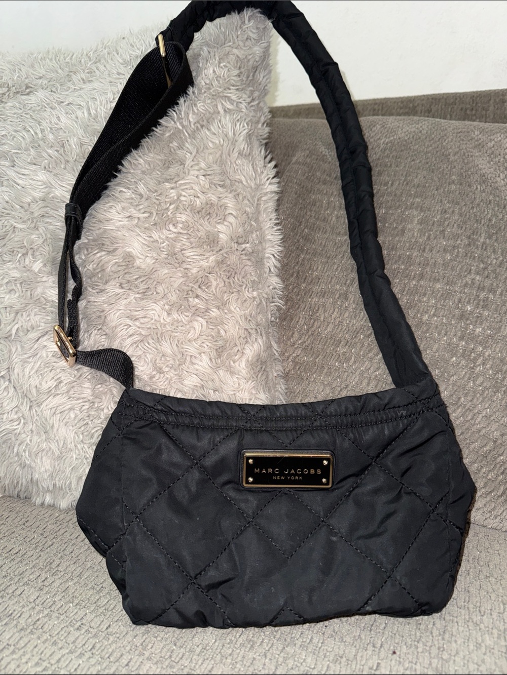 Marc Jacobs Black Quilted Shoulder Crossbody Bag with Gold Plaque